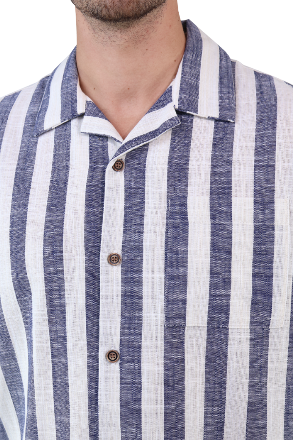 Camisa Resort Manga Corta De Algodón Estamado A Rayas Azules Para Hombre